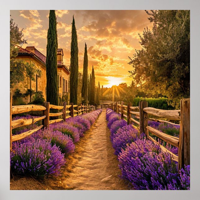 Rustic Pathway Lined with Lavender Fields Sunset Poster (Front)