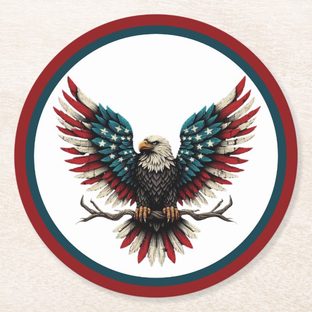 Rustic patriotic American/USA bald eagle Round Paper Coaster (Front)