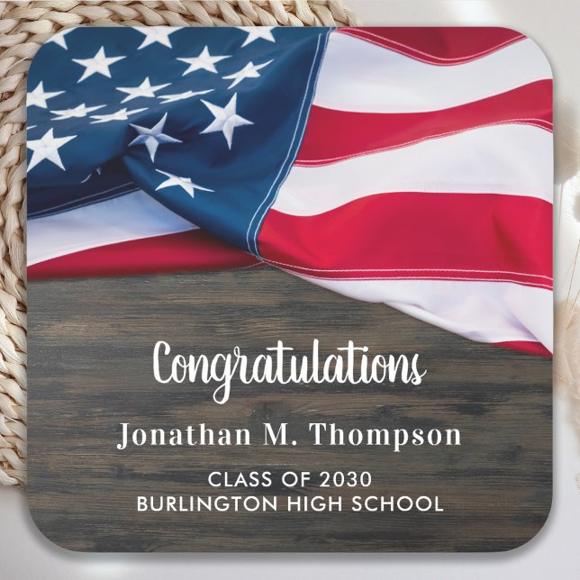 Rustic Patriotic Graduation American Flag Military Square Paper Coaster (Creator Uploaded)