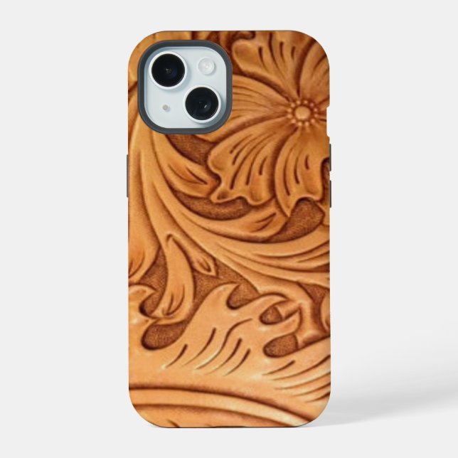 Rustic pattern western country tooled leather iPhone 15 case (Back)
