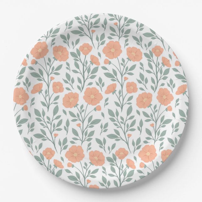 Rustic pattern with pink flowers  paper plate (Front)