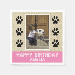 Rustic Paw Prints Kids Name Photo Birthday Party Napkin
