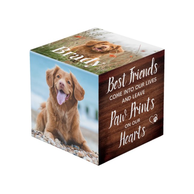 Rustic Paw Prints Personalized Pet Memorial Photo Cube (Front Angled)