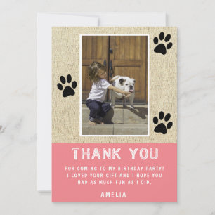 Rustic Paw Prints Pink Birthday Photo Thank you Card