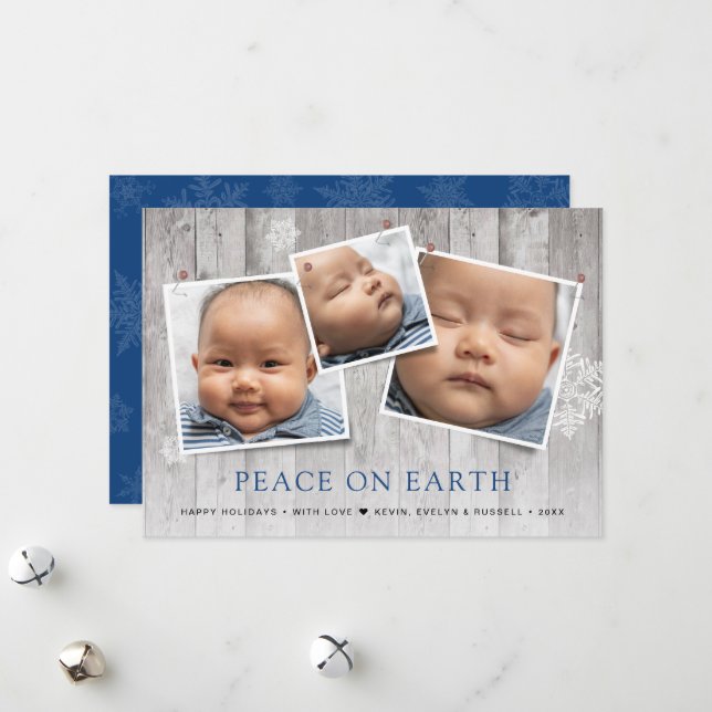 Rustic Peace on Earth 3 Pinned Photos Holiday Card (Front/Back In Situ)