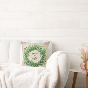 Rustic Peace on Earth Boxwood Wreath Holiday Throw Pillow