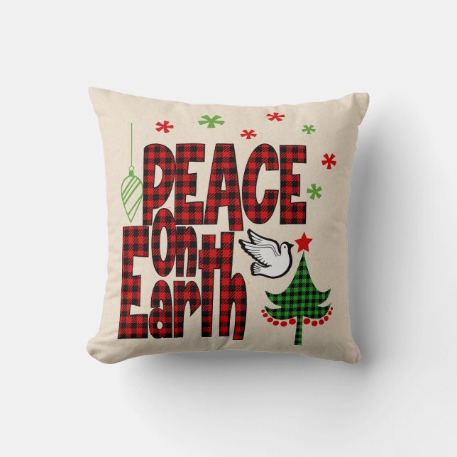 Rustic Peace on Earth Buffalo Plaid Christmas Throw Pillow (Front)