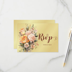 Rustic Peach and Gold Flowers Wedding RSPV Card