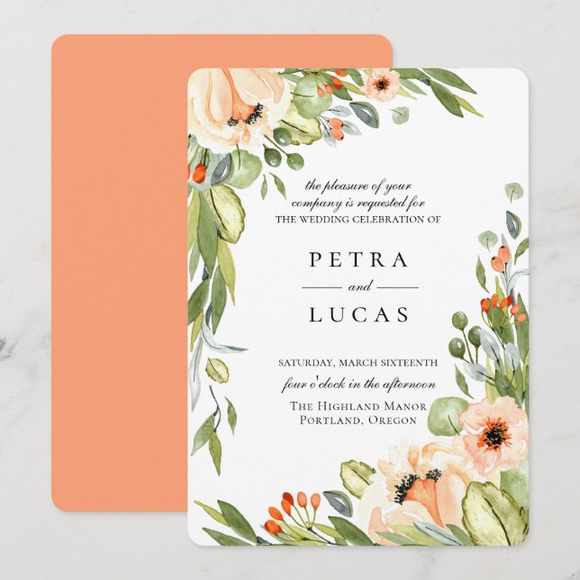 Rustic Peach Botanical Wedding Invitation (Front/Back)