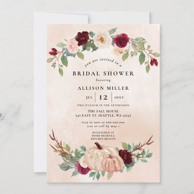Rustic Peach Burgundy Pumpkins Fall Bridal Shower Invitation (Front)