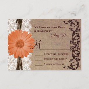 Rustic Peach Coral Daisy Flower Wedding RSVP Cards