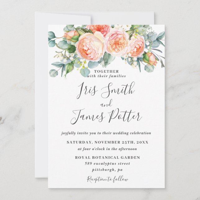 Rustic Peach Coral Garden Roses Floral Wedding Invitation (Front)