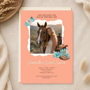 Rustic Peach Cowgirl Photo Sweet Sixteen Birthday Invitation
