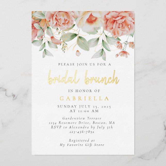 Rustic Peach Floral Bridal Brunch Gold (Front)