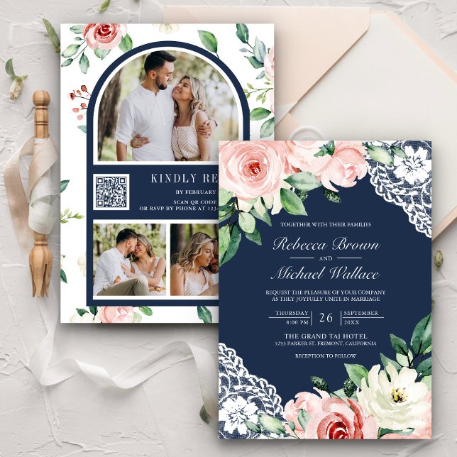 Rustic Peach Floral Lace Navy Blue QR Code Wedding Invitation (Creator Uploaded)