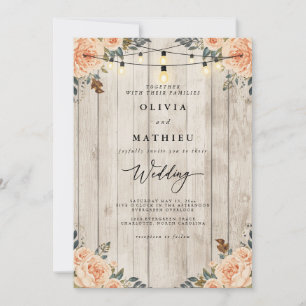 Rustic Peach Floral String Light Wedding Invitation