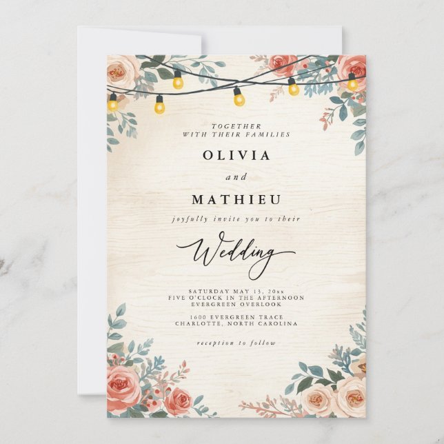 Rustic Peach Floral String Lights Wedding Invitation (Front)