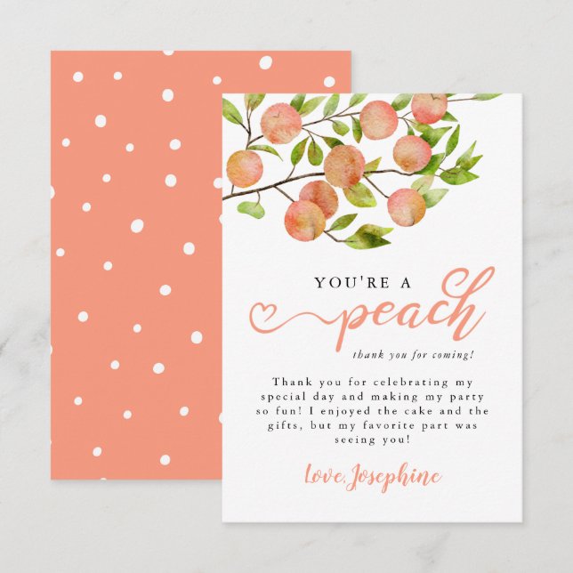 Rustic Peach Fruit Birthday Party Thank You Card (Front/Back)