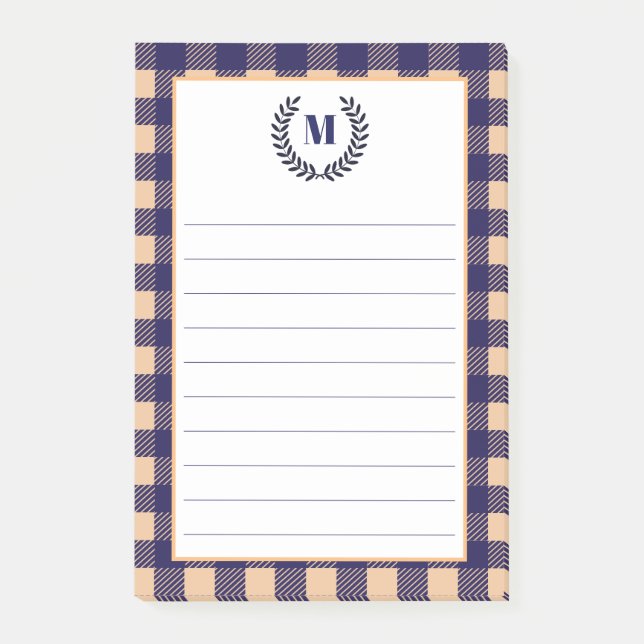Rustic Peach & Navy Plaid | Monogram Post-it Notes (Front)