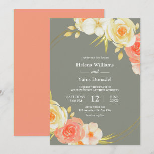 Rustic Peach Roses & Sage Green Floral Watercolor Invitation