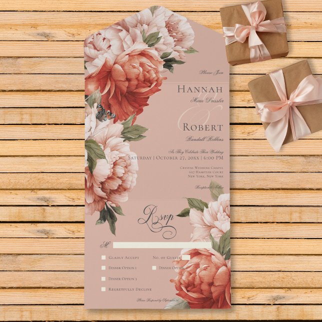 Rustic Peach & Rust Peonies on Peach Dinner All In One Invitation (Creator Uploaded)