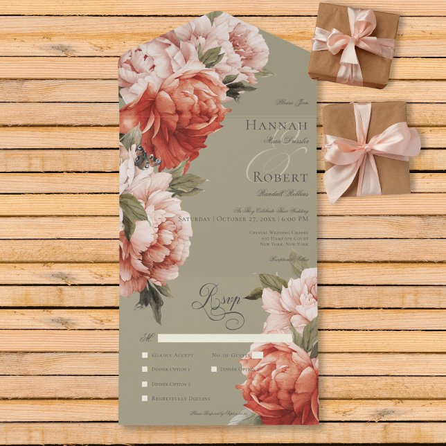 Rustic Peach & Rust Peonies on Sage Dinner All In One Invitation (Creator Uploaded)
