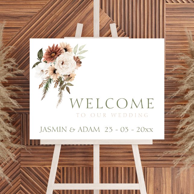 Rustic Peach Terracotta Green Floral Welcome Sign (Elegant Peach Green Floral Wedding Welcome Sign)