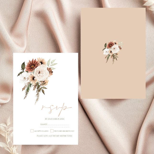 Rustic Peach Terracotta Greenery Floral Wedding RSVP Card (Elegant Peach Olive Green Floral Wedding RSVP Card)