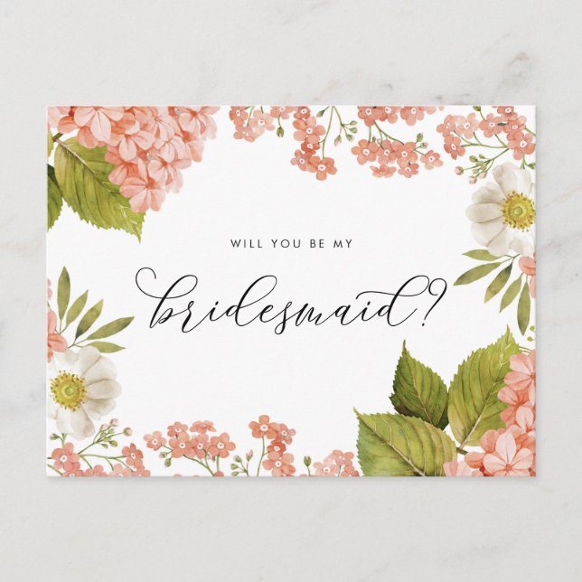 Rustic Peach Watercolor Hydrangeas Bridesmaid Postcard (Front)