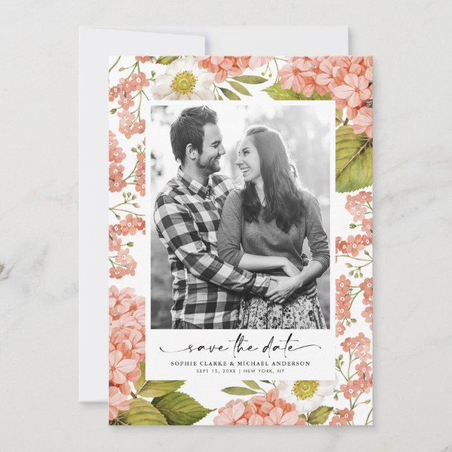 Rustic Peach Watercolor Hydrangeas Photo Save The Date (Front)