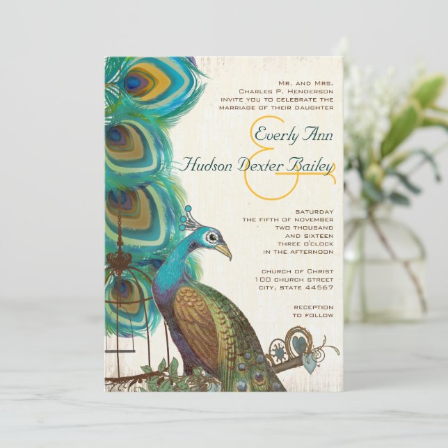 Rustic Peacock Bird Cage Feather Wedidng Invites (Standing Front)