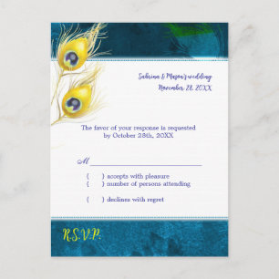 Rustic Peacock Blue Wedding RSVP Invitation Postcard