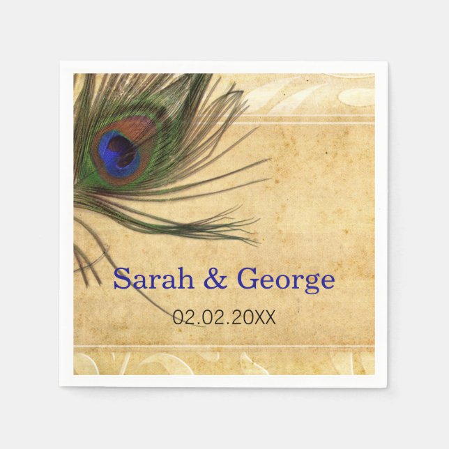 Rustic Peacock Feather personalized napkins (Front)