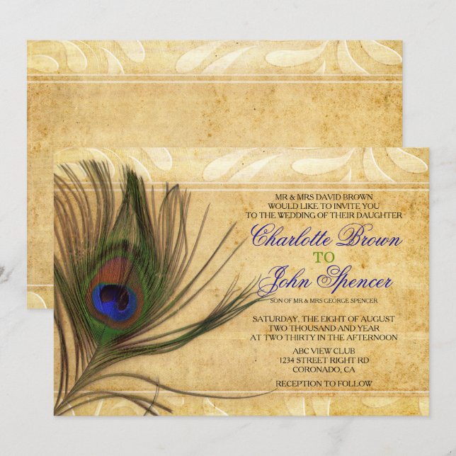 Rustic Peacock Feather wedding invitations (Front/Back)