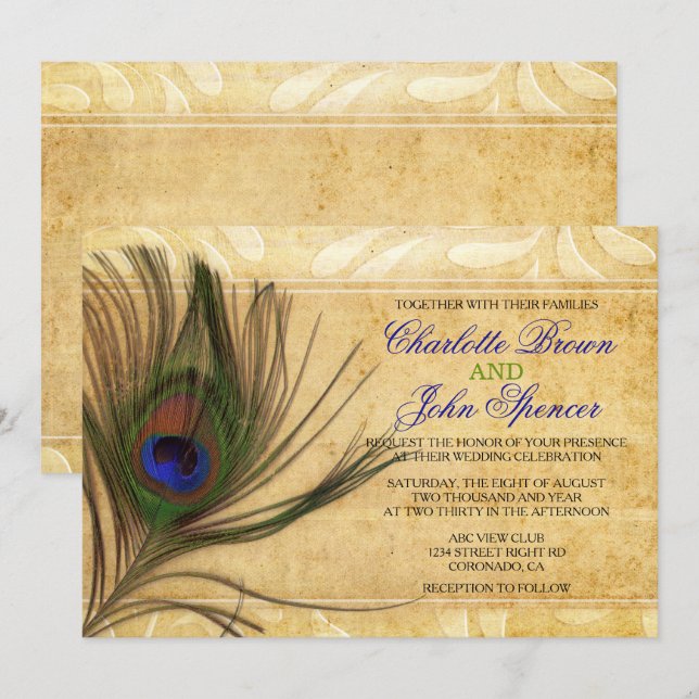 Rustic Peacock Feather wedding invitations (Front/Back)