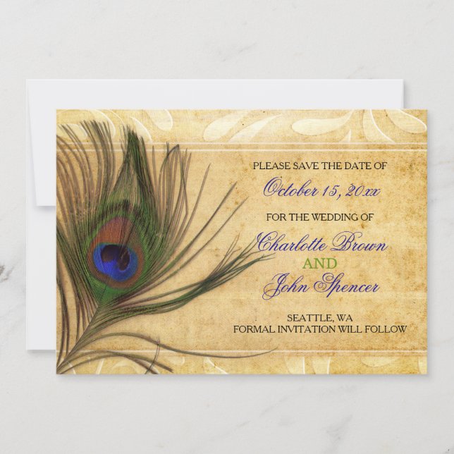 Rustic Peacock Feather wedding save the date (Front)