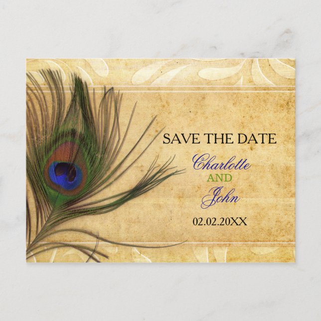 Rustic Peacock Feather wedding save the date Announcement Postcard (Front)