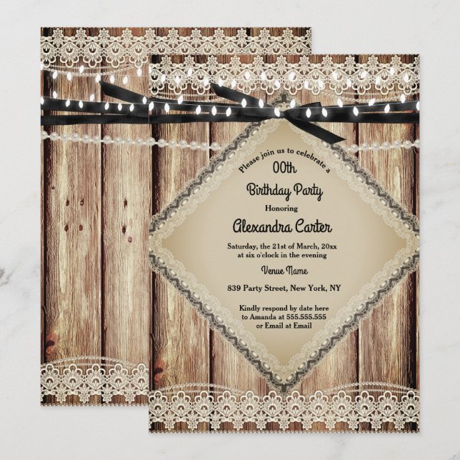 Rustic Pearl Lace Barn Wood Black String Lights Invitation (Front/Back)