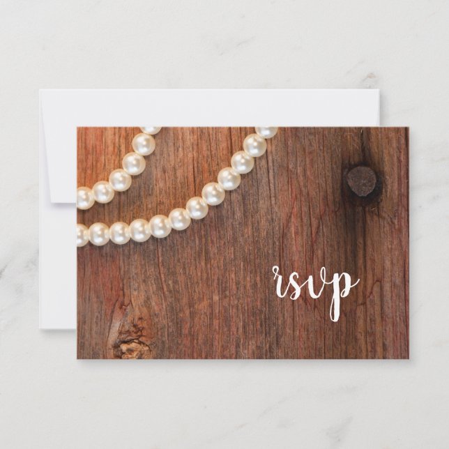 Rustic Pearls Barn Wood Country Wedding RSVP Card (Front)