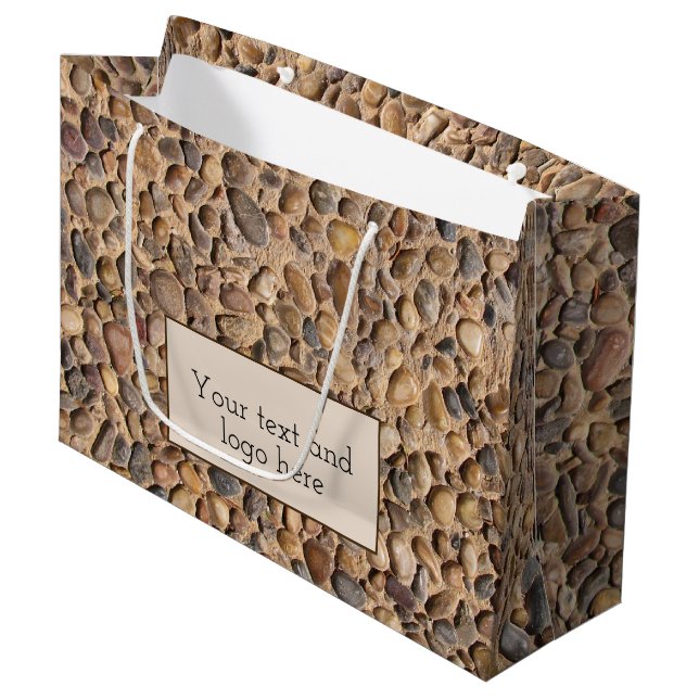 Rustic Pebble Stones Photo with Custom Text Large Gift Bag (Front Angled)