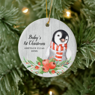 Rustic Penguin Personalized Baby's 1st Christmas Ceramic Ornament