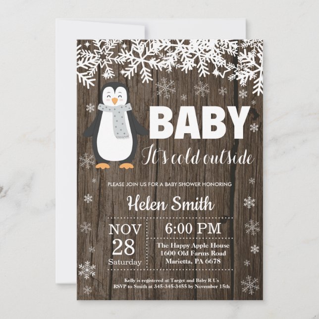 Rustic Penguin Winter Baby Shower Invitation (Front)