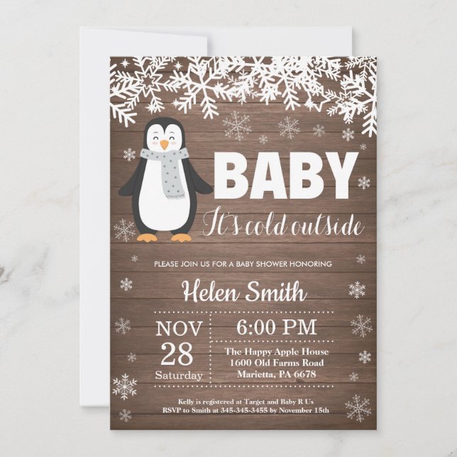 Rustic Penguin Winter Baby Shower Invitation (Front)