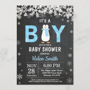 Rustic Penguin Winter Boy Baby Shower Invitation