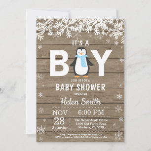 Rustic Penguin Winter Boy Baby Shower Invitation