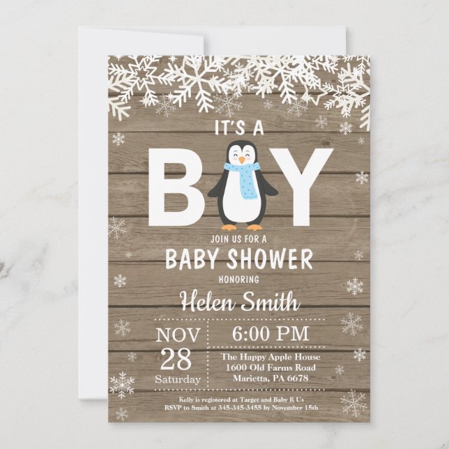 Rustic Penguin Winter Boy Baby Shower Invitation (Front)