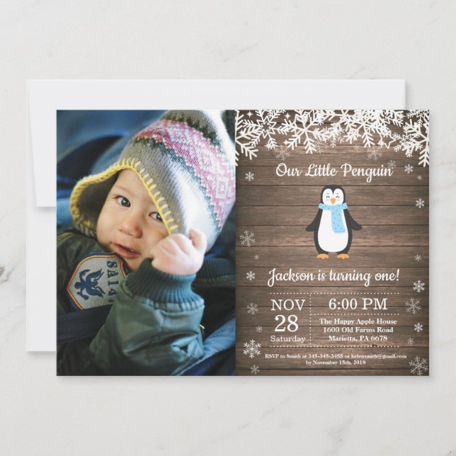 Rustic Penguin Winter Boy Birthday Photo Invitation (Front)