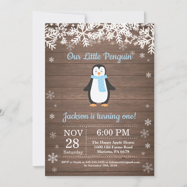 Rustic Penguin Winter Boy Invitation Anniversaire (Devant)