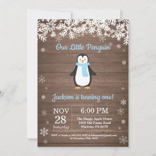 Rustic Penguin Winter Boy Invitation Anniversaire