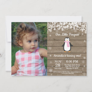 Rustic Penguin Winter Girl Birthday Photo Invitation